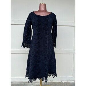 Alfani Lace Dress  Navy Blue 3/4 Bell Sleeve Knee Length Lined Stretch Sheath Sm